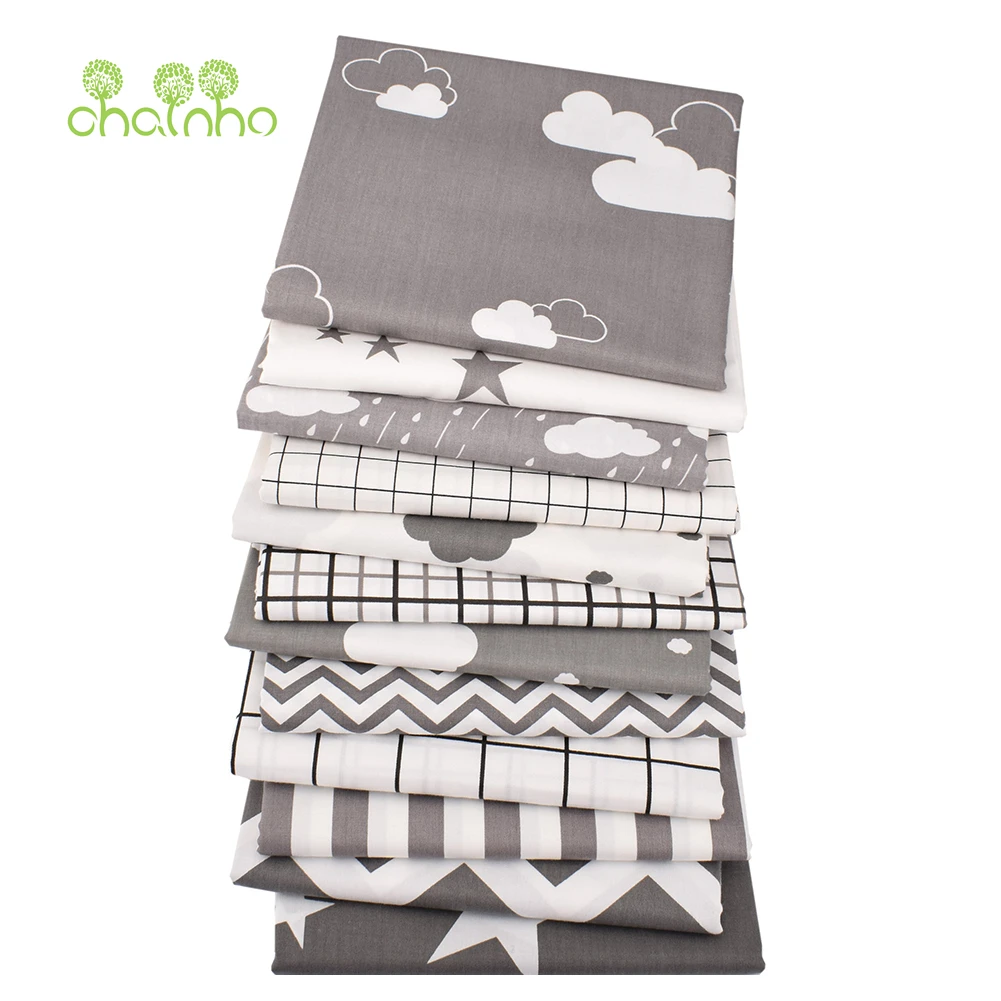 Chainho,Printed Twill Weave Cotton Fabric,DIY Sewing Quilting Material,Patchwork Cloth,9 Designs Gray Clouds Star,2 Sizes,15C114