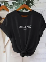T-shirt à manches courtes et col rond pour femme, haut décontracté, imprimé lettre Milano, vêtements à la mode, printemps et été 2