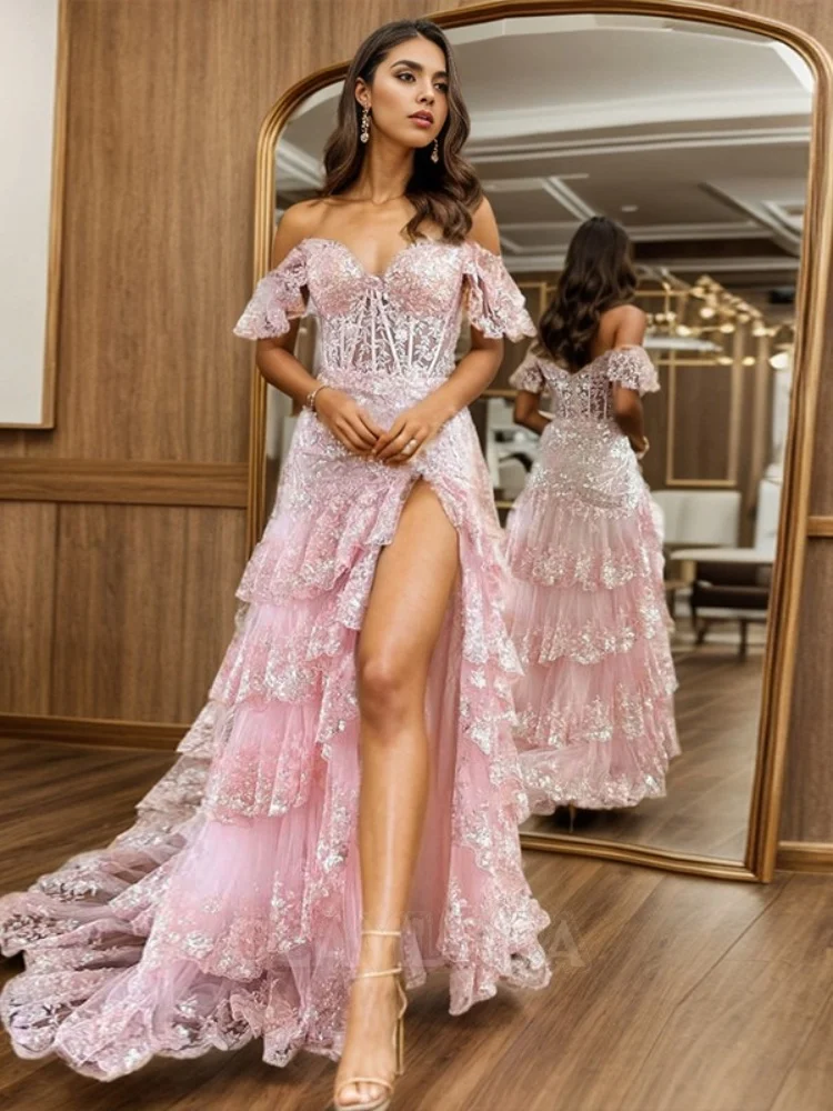 

Women's Sweetheart Off Shoulder Appliques Elegant Evening Gowns Backless High Slit Tiered Ruffles Tulle Cocktail Dresses