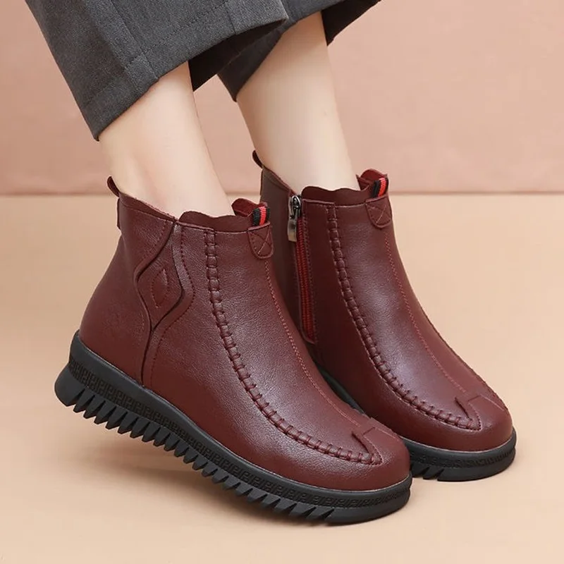 New Winter Women Ankle Boots Comfort Soft Sole Mom Short Boots Warm Plush Laides Cotton Shoes Female Non-slip Leather Booties