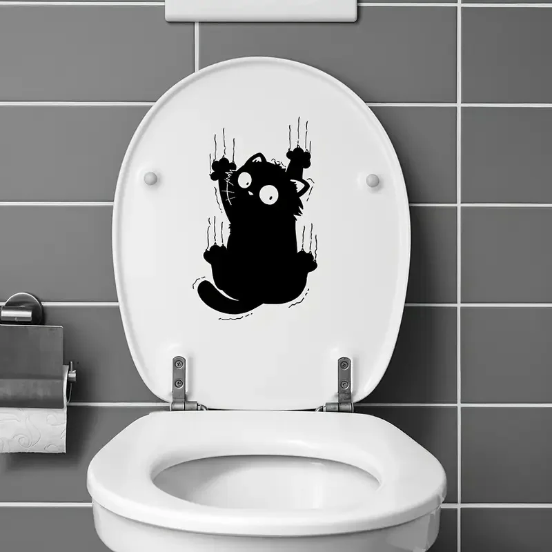 Fun Cat Self-Adhesive Toilet Stickers,Wall Decal Removable, Reusable PVC Sticker for Toilet Lid, Bathroom Decor