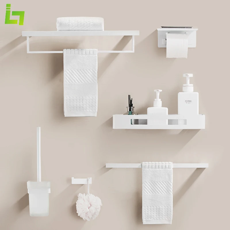 WhiteStainlessSteelBathroomHardwareSetSquareRobeHooksTowelBarHangerScrewedWall