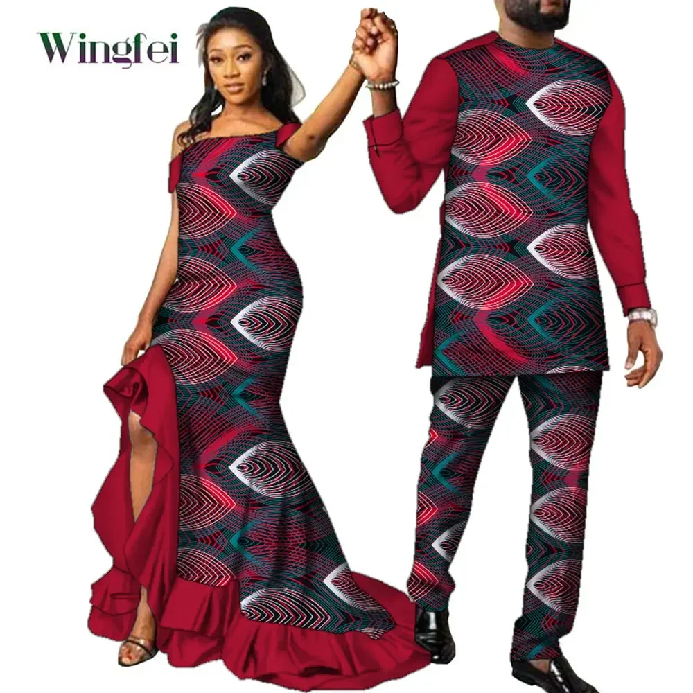 Fashion Couple Clothes African Ankara Print Women Maxi Long Dresses and Men Dashiki Suit African Clothes Lovers Outfit WY567