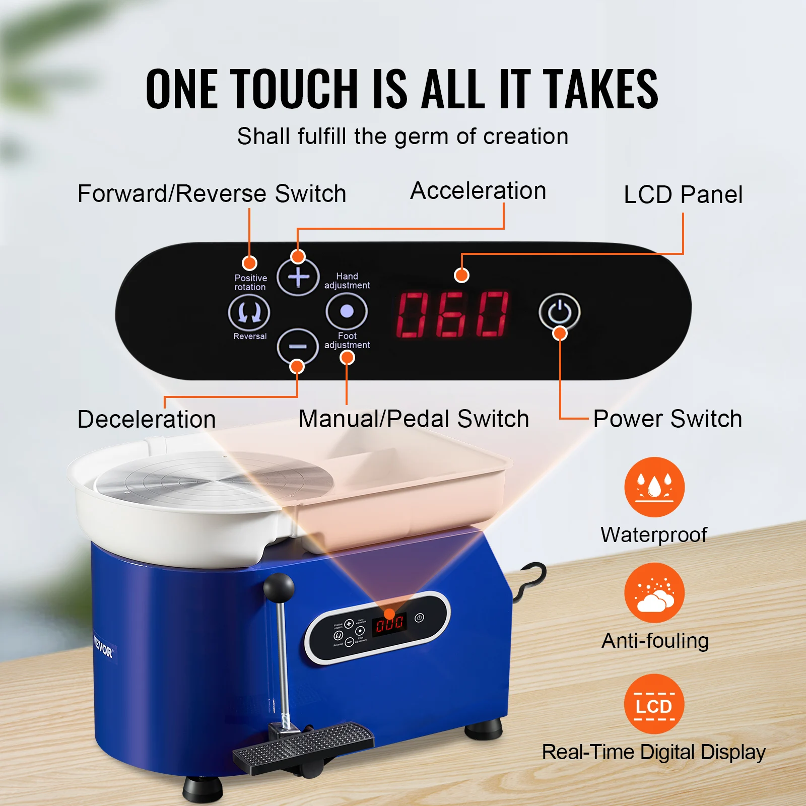 VEVOR 11in Pottery Wheel Ceramic Forming Machine Adjustable 60-300RPM Speed Handle and Foot Pedal Control ABS Detachable Basin 4