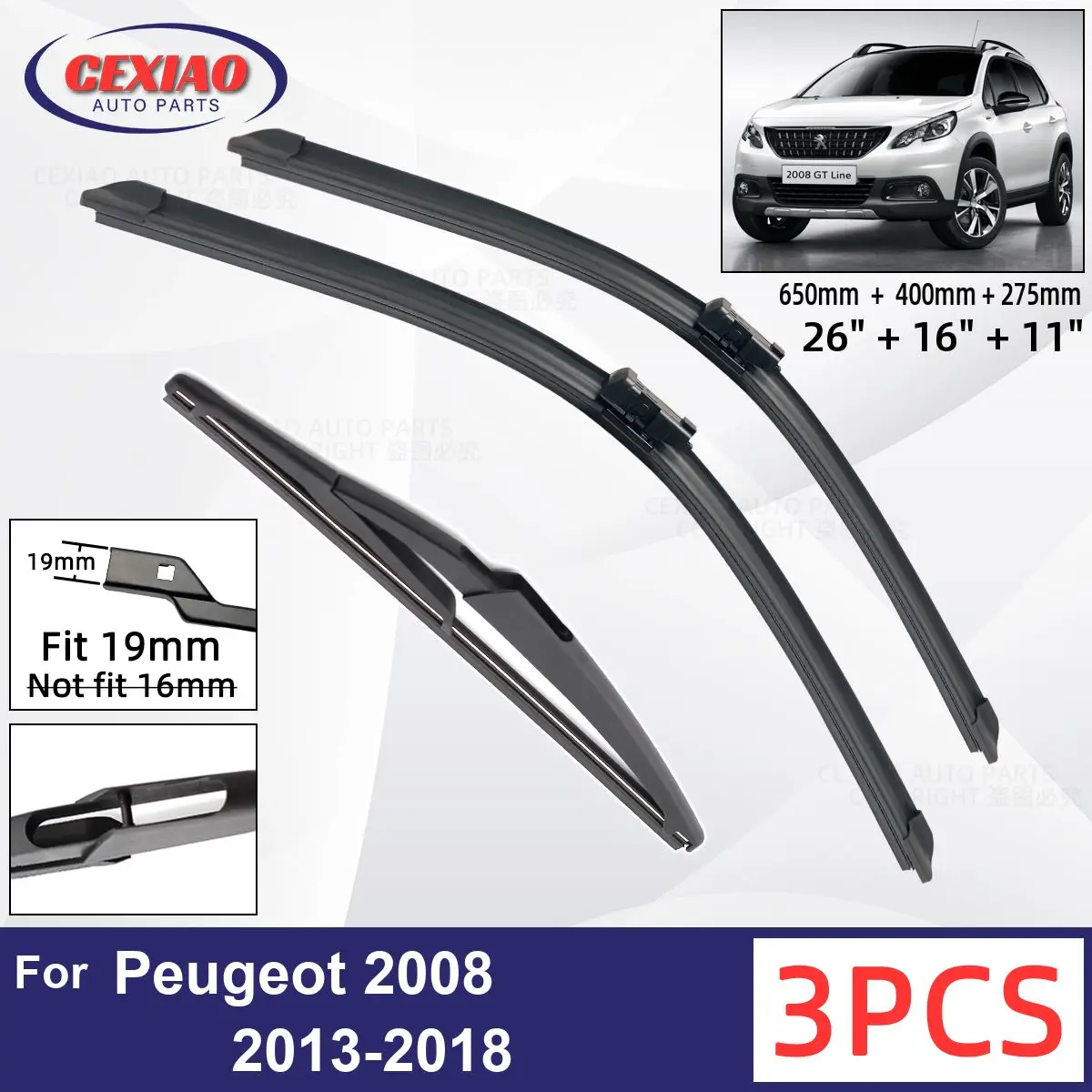 For Peugeot 2008 2013-2018 Car Front Rear Wiper Blades Soft Rubber Windscreen Wipers Auto Windshield 26"+16"+11" 2015 2016 2017