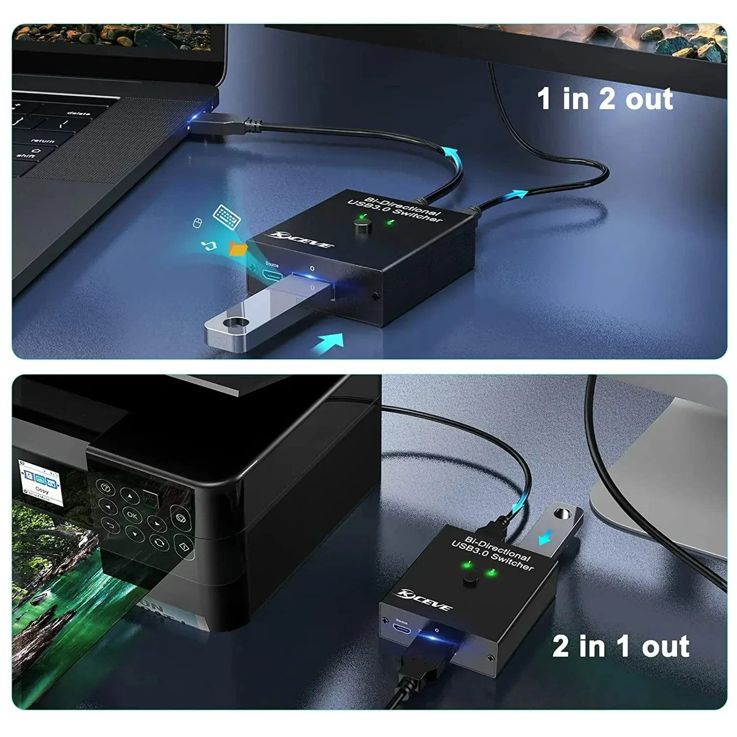 KCEVE USB 3.0 Switch Selector,Bi-Directional USB Switch 2 in 1 Out / 1 in 2 Out,USB Switcher for 2 Computer Share Keyboard Mouse 6