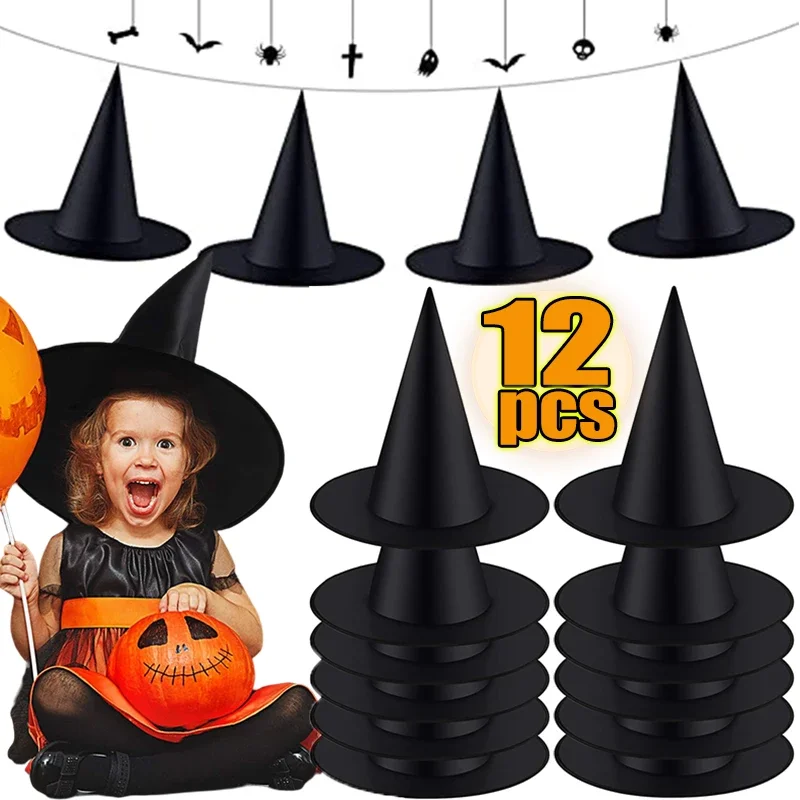 Halloween Witch Hat 1-12pcs Kids Adults Halloween Party Cosplay Costume Props Decoration Black Wizard Cap Yard Hanging Witch Hat