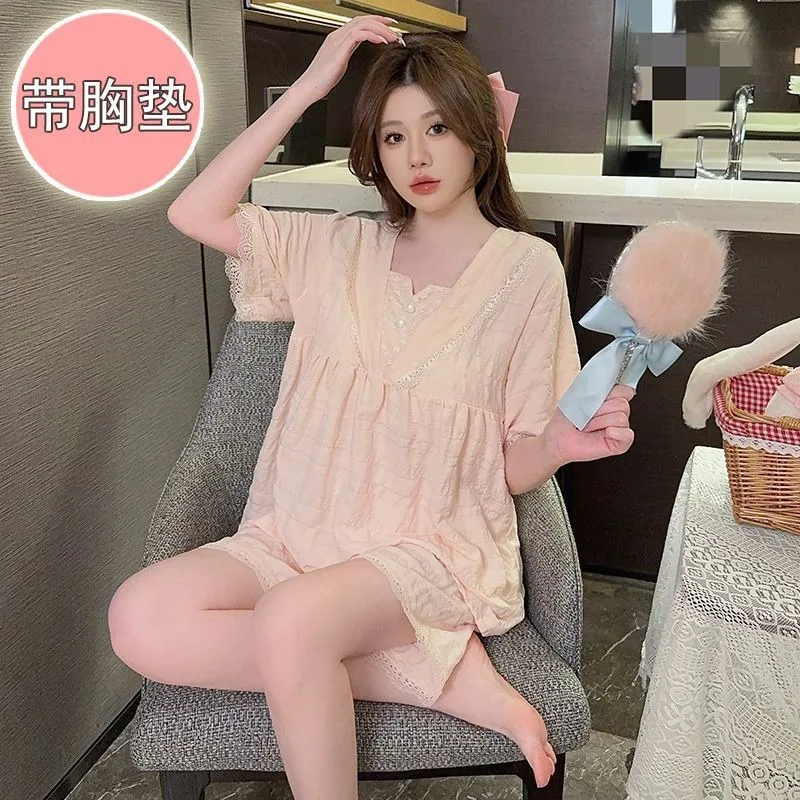 M-5XL 110kg Plus Size Pajamas with Chest Pads Women Summer Short Sleeves Sleepwear Princess Style Loose Loungewear Two-Piece Set