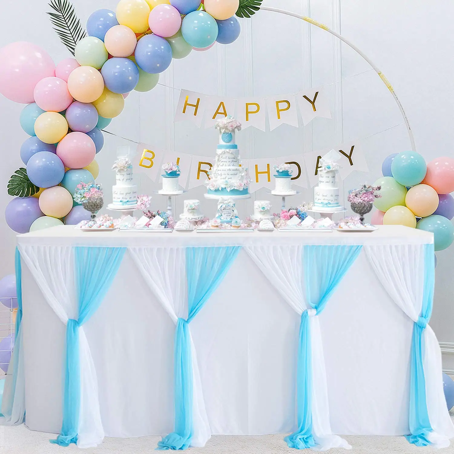 White Tulle Table Skirts for Rectangle Table Tutu Ruffle Tablecloth for Wedding Birthday Party Bridal Shower Dinner Decor