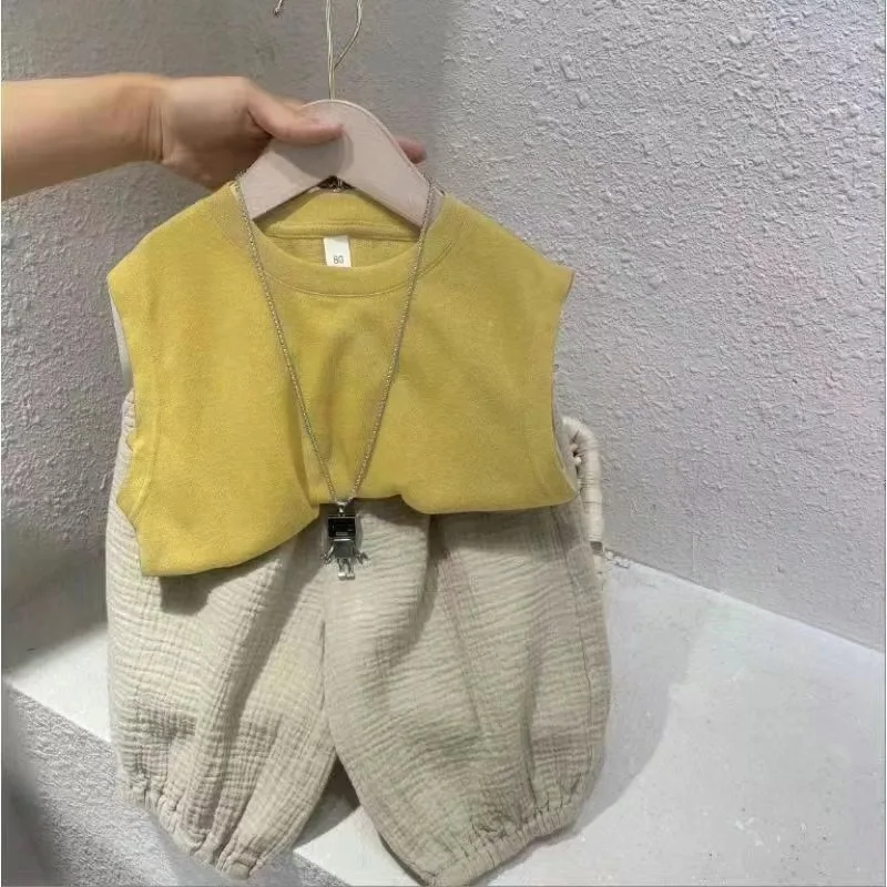1-7Yrs 2Pcs Boys Girls Clothing Sets 2025 Summer Baby Cotton Clothes Gauze Loose Outerwear Children Camisole Pants Outfits Suits 2