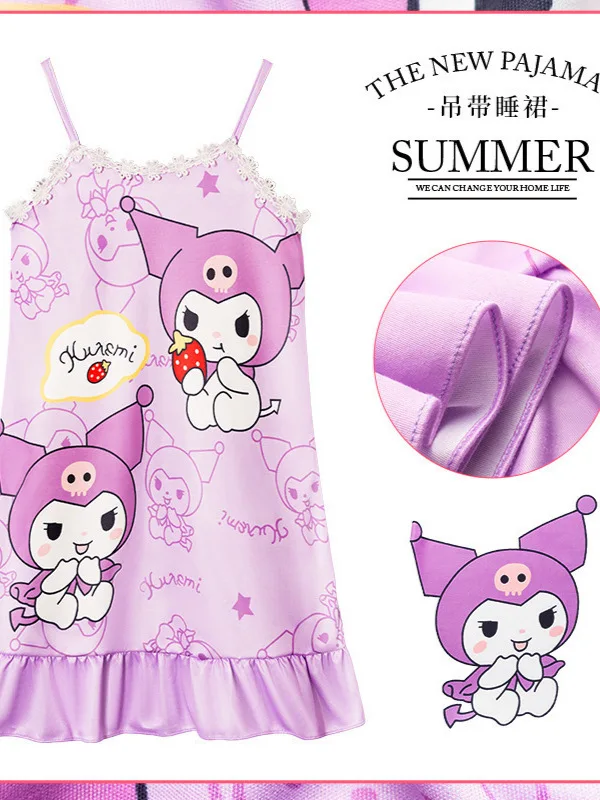 

Kawaii Sanrio Kuromi Melody Cinnamoroll Children Nightdress Summer Slip Dress Girl Cartoon One-Piece Home Wear Pajamas Girl Gift