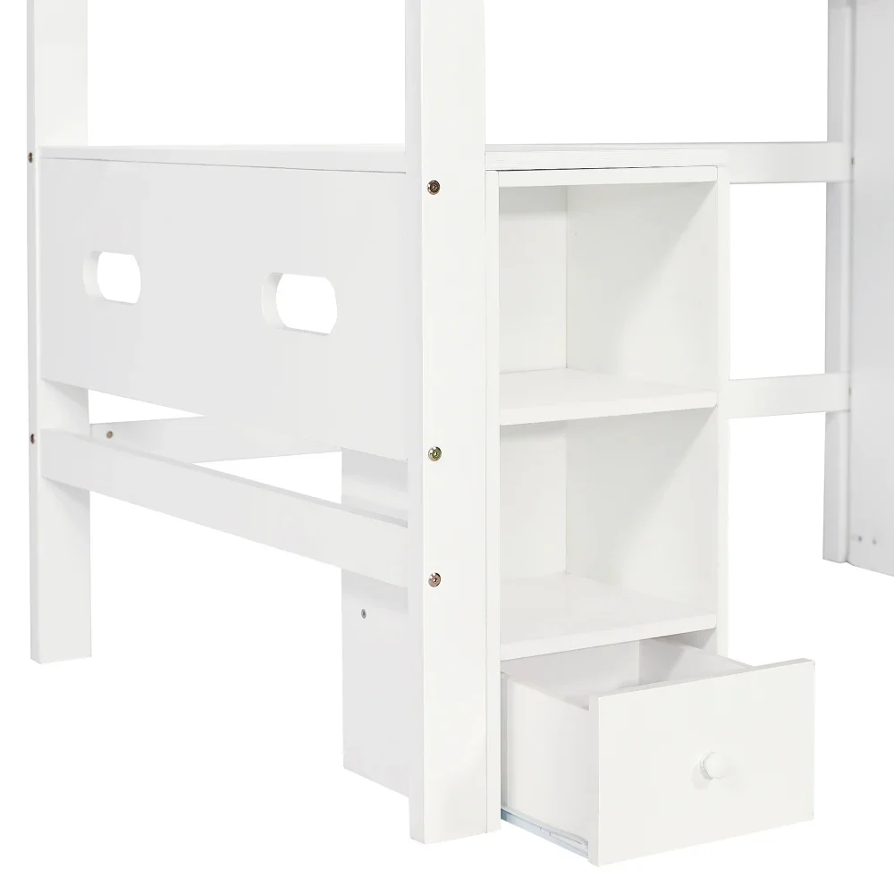90 x 200 cm großes Etagenbett mit Tisch und Kleiderschrank, offenem Regal, viel Stauraum mit Fallschirmgitter und vierstufiger Leiter, ohne Matratze – Detail 28