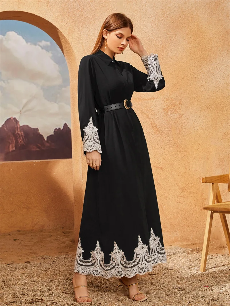 Eid Dubai Abaya Kimono Women Muslim Cardigan Islam Arabic Blouse Lace Turkish Long Dress Kaftan Robe Femme Musulmane (no Belt)