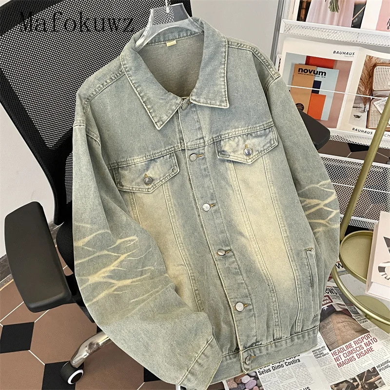 American Gradient Tie-dye Distressed Denim Jackets Men's Lapel Retro High Street Workwear Casual Loose Overcoat Male Clothes