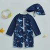 0-5Years Kids Boy Rash Guard Swimsuits Shark Print Long Sleeve Half Zip-up Bathing Suit with Sun Hat 2 Pcs Swimwear for Toddler 2