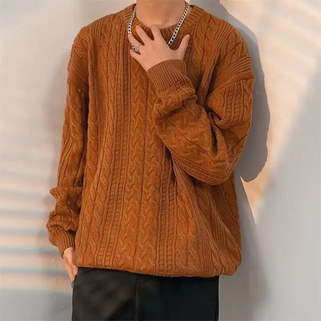 Loose Casual Men's Knitted Sweater round Neck Vintage Hong Kong Style Autumn Winter Fashion Brand Twist Cable Knitwear 2