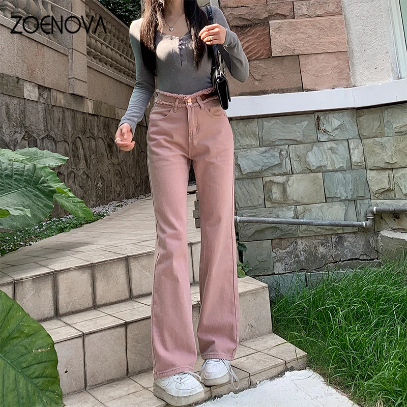 ZOENOVA Y2K 더블 단추 로우 엣지 청바지, 여성용 와이드 레그 팬츠, 핑크 작은 스트레이트 데님 바지, 2024 미국 패션