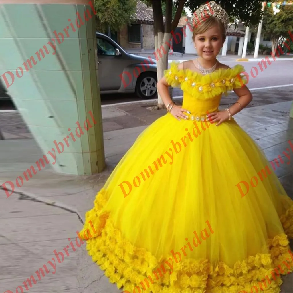

Trendy Yellow 3D Floral Flowers off the shoulder Cinderella Little Girls Pageant Prom Party Cocktail Flower Girl Dress for 7-16
