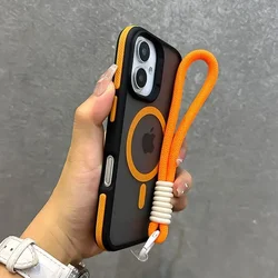 MagSafe Dual - Color Wrist Strap Case with Lanyard - Matte Magnetic Shockproof Cover - iPhone 14 Pro Max (OrangeGS)