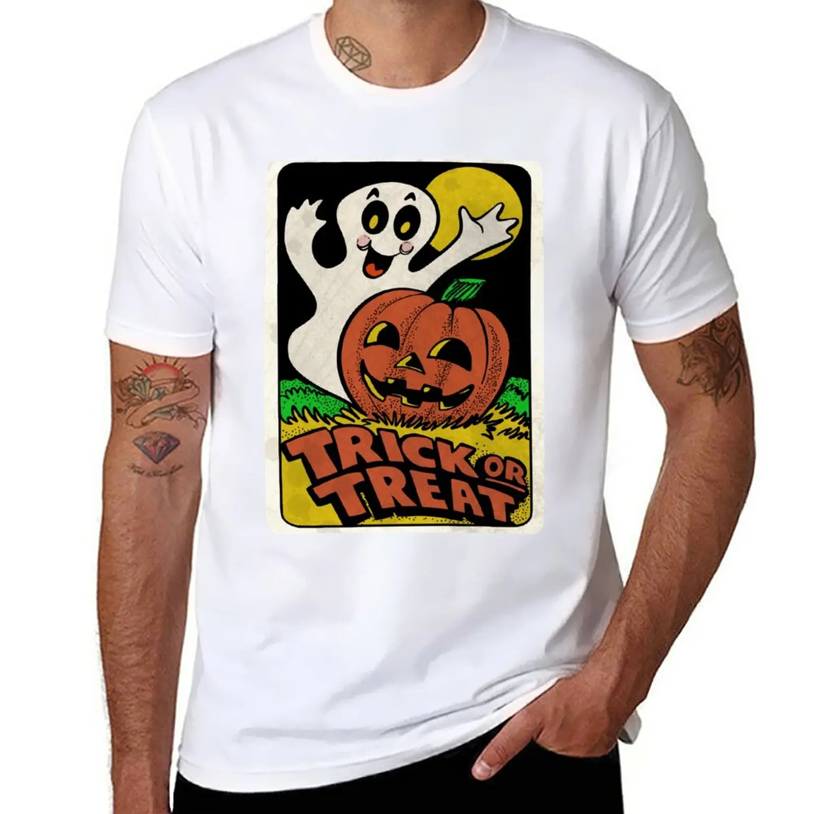 

Vintage Halloween Trick or Treat Ghost with Pumpkin T-Shirt hippie clothes blacks mens clothing