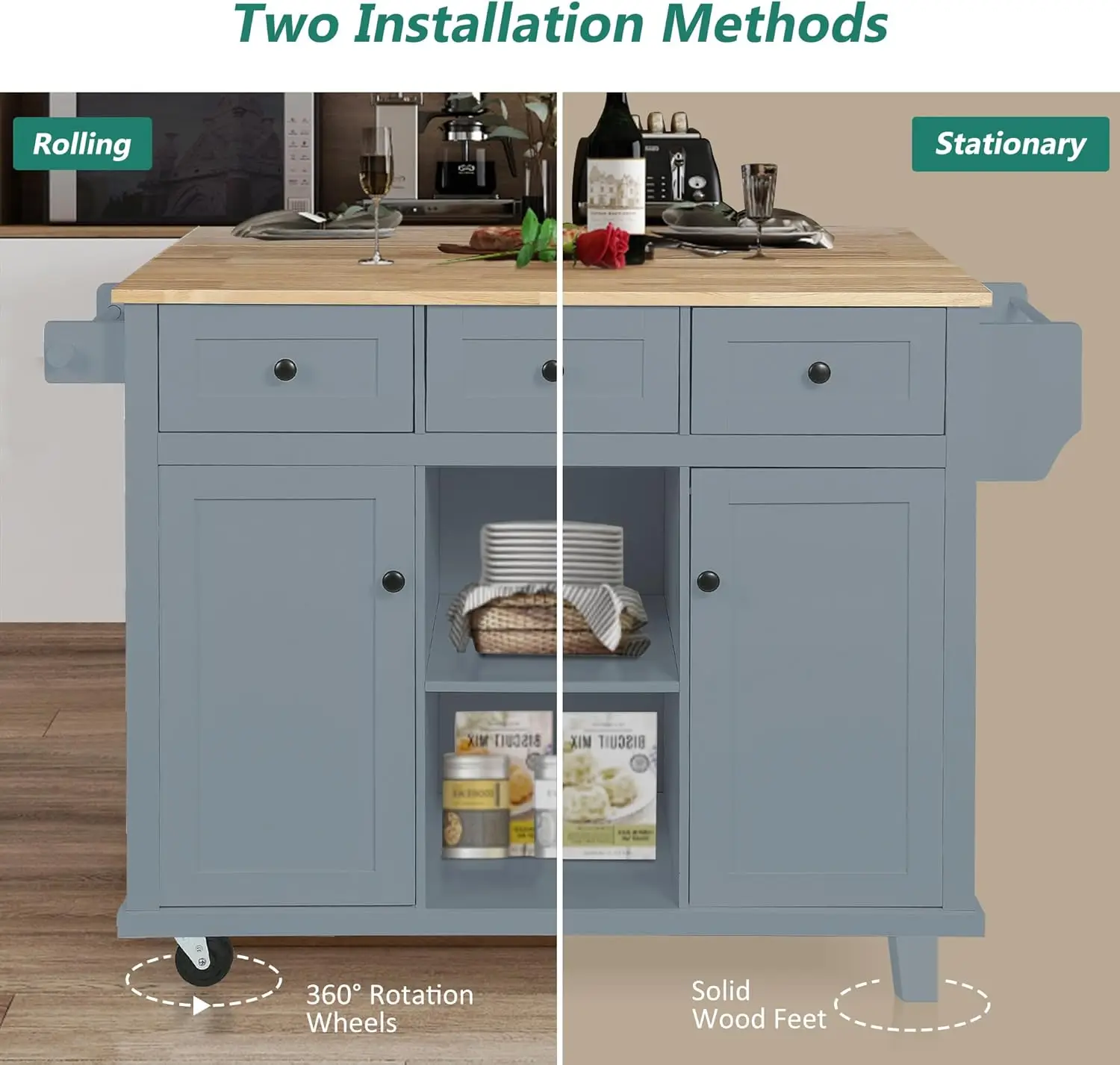 Kitchen Island on Wheels with Drop Leaf, Wood Kitchen Island Cart with Internal Storage Racks, Rolling Kitchen Island 5