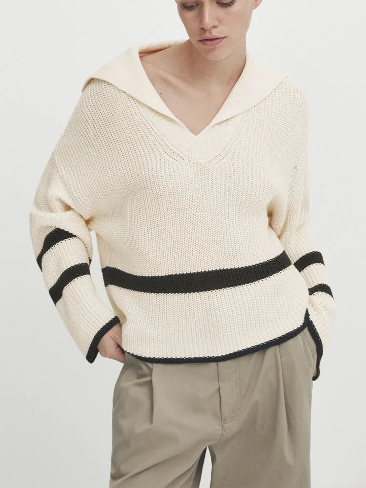 

MD2023 Autumn New Comfortable and Chic Polo Collar Long Sleeve Black and White Striped Knitted Sweater Women's Tops