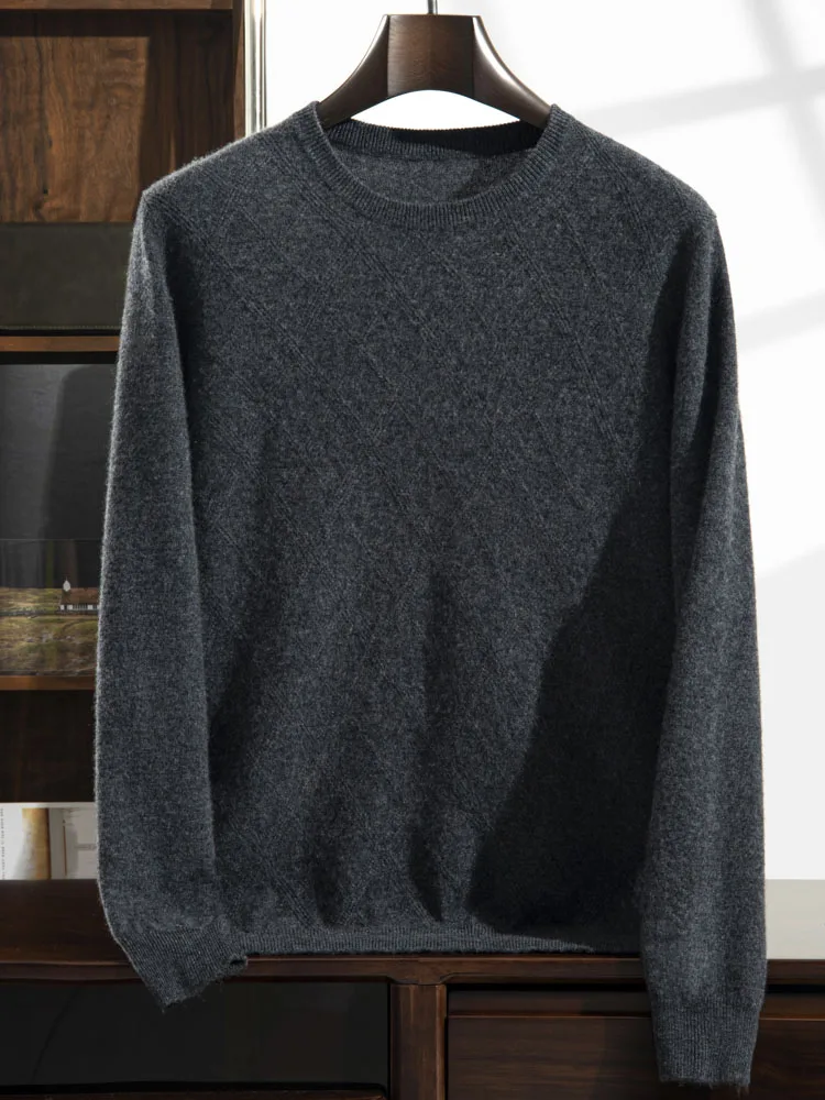 Autumn New 100% Pure Goat Cashmere Sweater Men's O-Neck Knitted Pullovers Leisure Jacquard Loose Tops Youth High-End Base Shirt 2