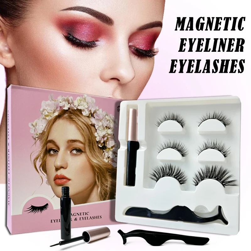 

Hinarin Magnetic Eyelashes Reusable 3D 3 Pairs Mix Styles With Waterproof Liquid Eyeliner With Tweezer Strip Lashes Make Up Set