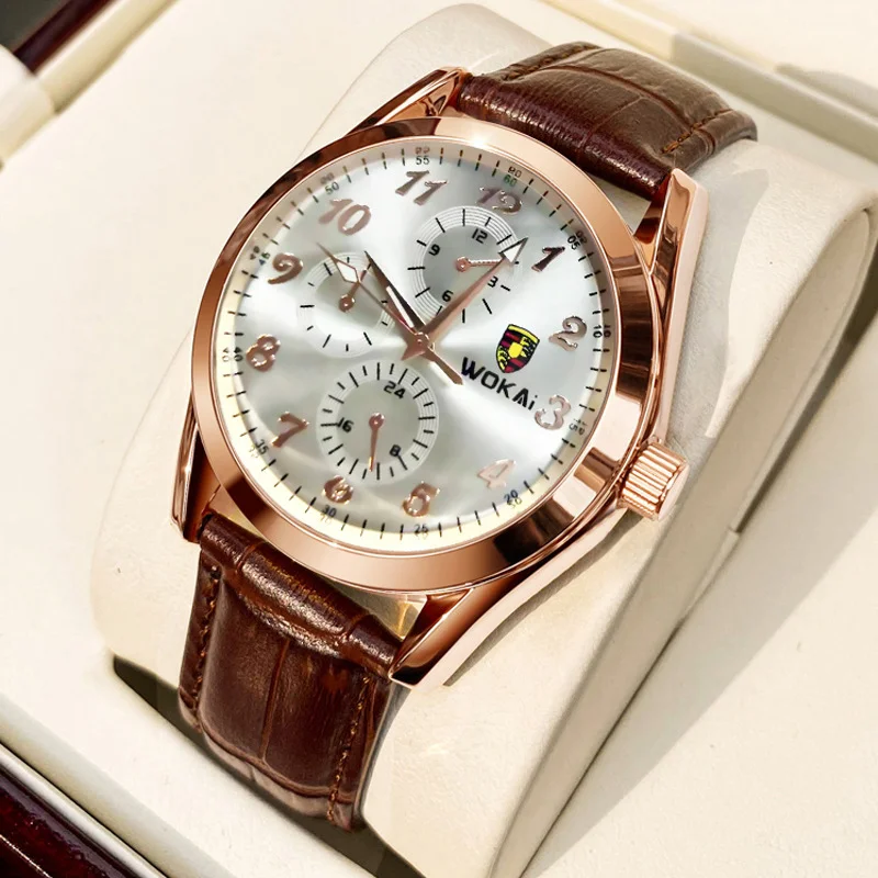 WOKAITopBrandWatchMenSportsWatchesCasualBusinessLeatherBand