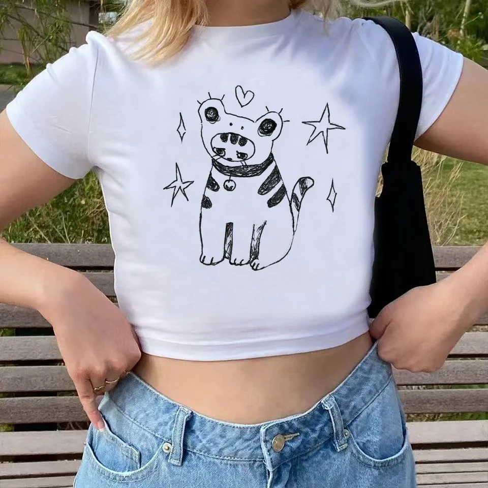 

Модный укороченный топ с коротким рукавом, повседневная одежда в стиле 90-х, женская летняя одежда с круглым вырезом, футболка с принтом кошки.
