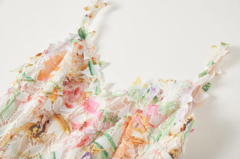 Elegant Long Dress Hotsweet Print Slash Collar 3D Flower Hollowed Out Fashion Camisole Dresses Women 2025 Spring Summer 959