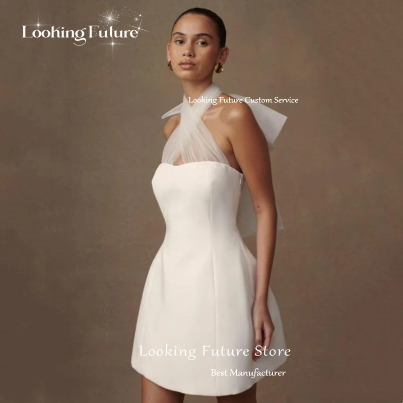 Simple Mini Mermaid Satin Wedding Dress Sexy Sleeveless Tulle Hatler Formal Pleat Open Back with Bow Boho Short Grown Customized 17 Sa93f55bcf7c347e280ec8d6d2e7fa48fS