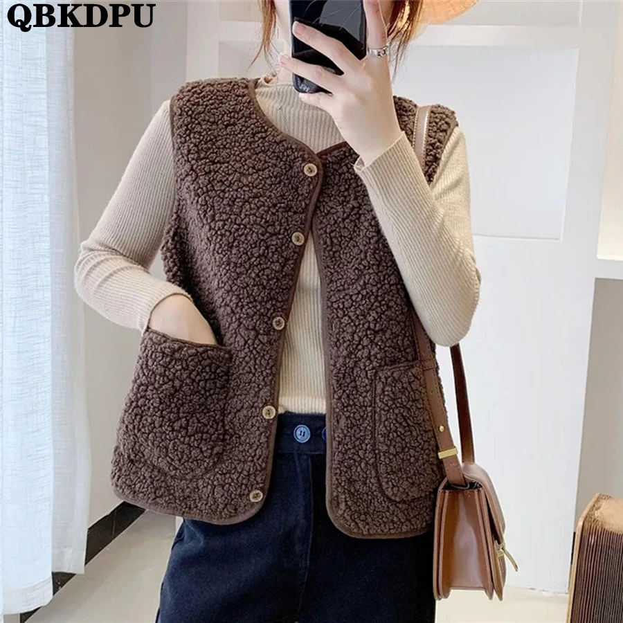 

Spring V-Neck Fleece Fur Cropped Vest Women Casual Teddy Coat Gilets Sleeveless Jacket Vintage Waistcoat Korean Chalecos Outwear