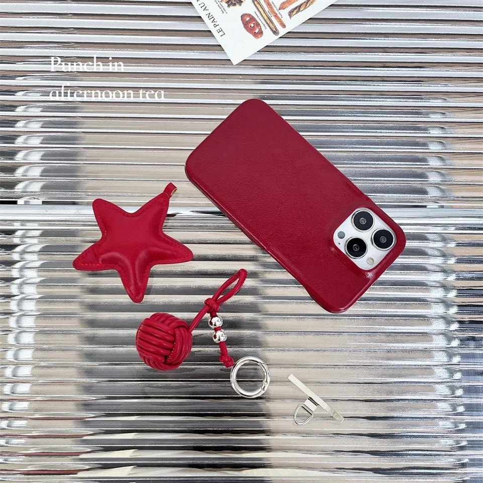 New Korean Luxury Red Leather Star Knitting Wool Ball Phone Case