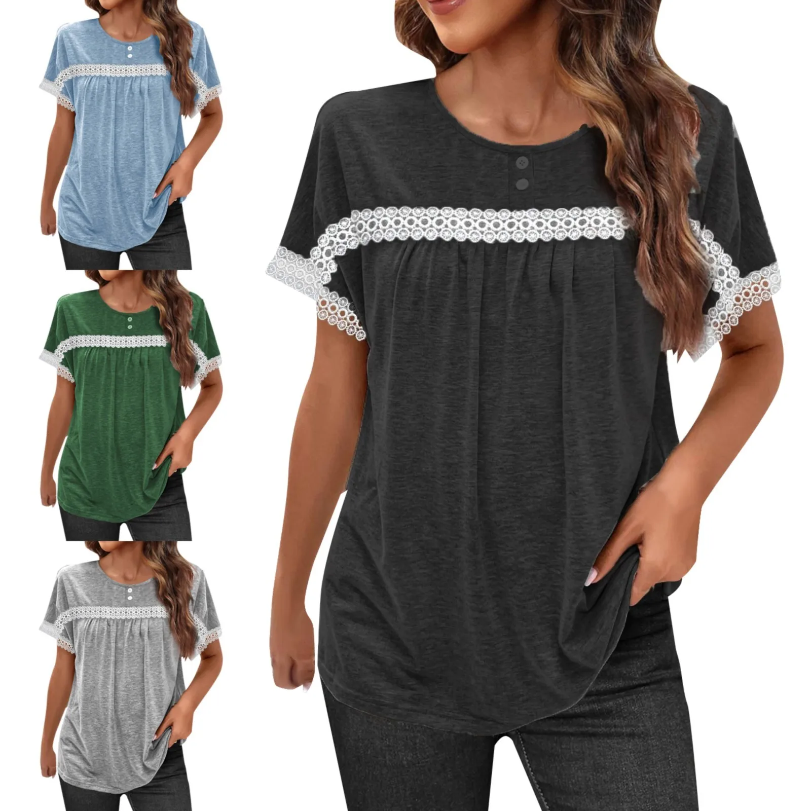 

Fashion Lace Stitching Lady Tunic T Shirts Summer Button Up O Neck Short Sleeve Casual Top Plus Size Work Out Pullover Blouse