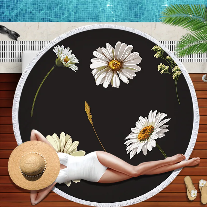 

Daisy Beach Towel Tassels Round Quick Dry Outdoor Summer Sea Sunflower Plant Kawaii Carpet Yoga Picnic Mat