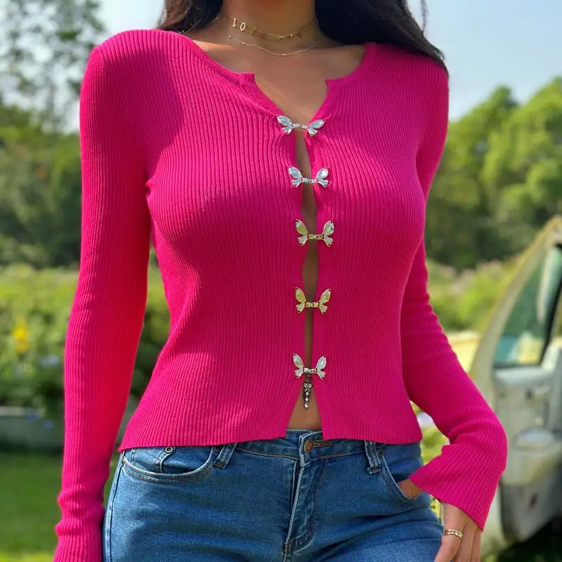 

Women's Knitted Cardigan with Butterfly Button, Long Sleeved Sweater, Sexy Fashion, Autumn Tops, Y2K