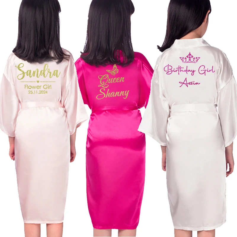 Customize Name Date Flower Girl Kimono Robes Wedding Bathrobes Pajamas Kids robe + belt Nightdress Brial Party Kid Robe
