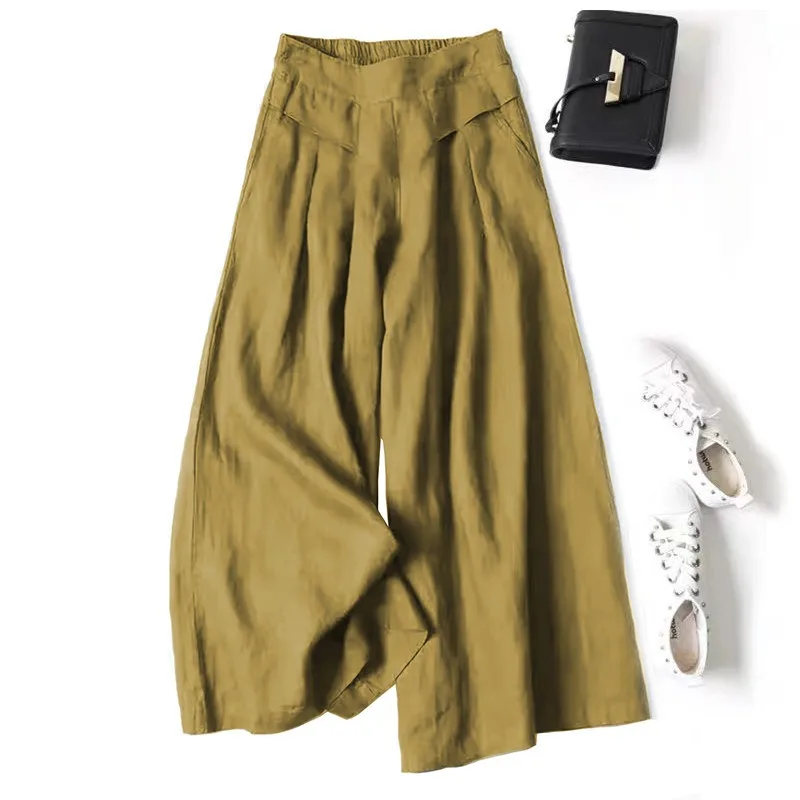 Cotton and Linen Wide-leg Culottes for Women, Loose Semi-elastic High-waist Slim Nine-point Pants 2024 New Women's Pants