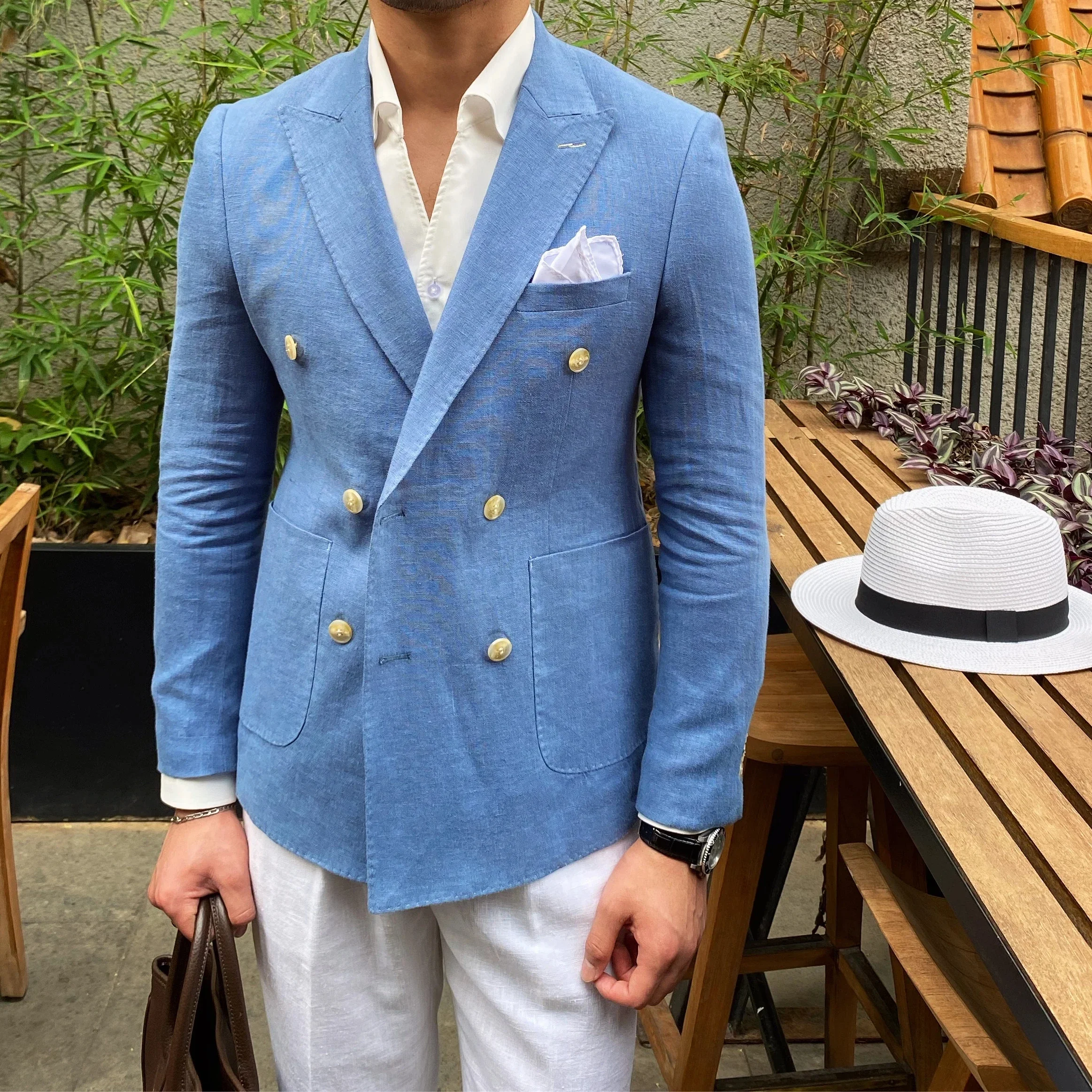 Men Suits Jackets Summer Beach Linen Blazer Hombre Double-breasted Casual Slim Fit Social Coat