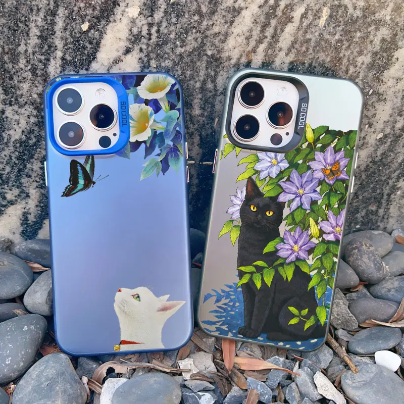 Schöne schwarze Katzen und Blumen Handy hülle für iPhone 13 Mini 12 11 Pro Max 15 14 13 Pro Max 15 14 plus stoß feste Laser-Rückseite – Detail 17