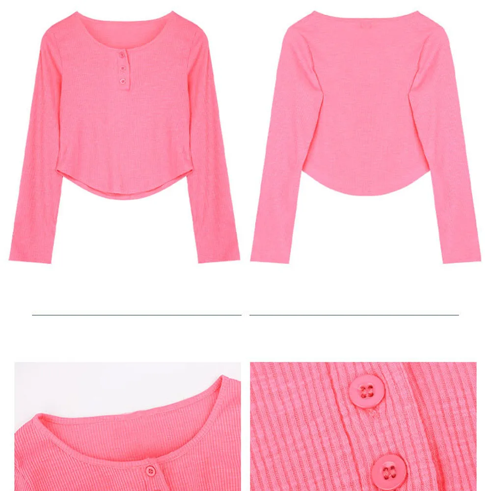 Women Long Sleeve Knitted Cropped Tshirts for Spring Summer