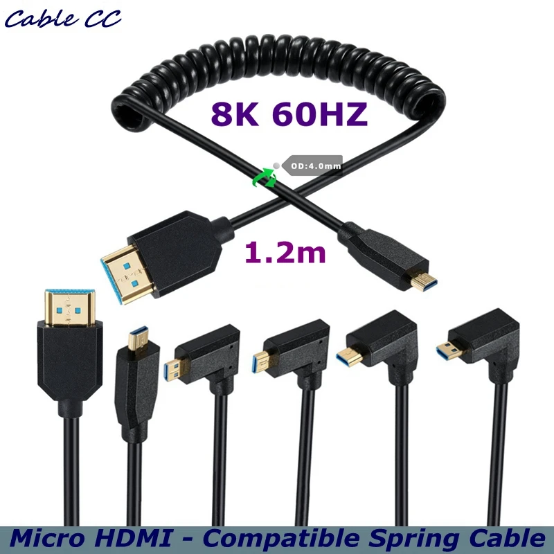 

1.2m 8k@60hz 90 Degree Angle Micro HDMI-Compatible HD Coiled Cable HDTV-2.1 Computer TV Digital Camera Universal