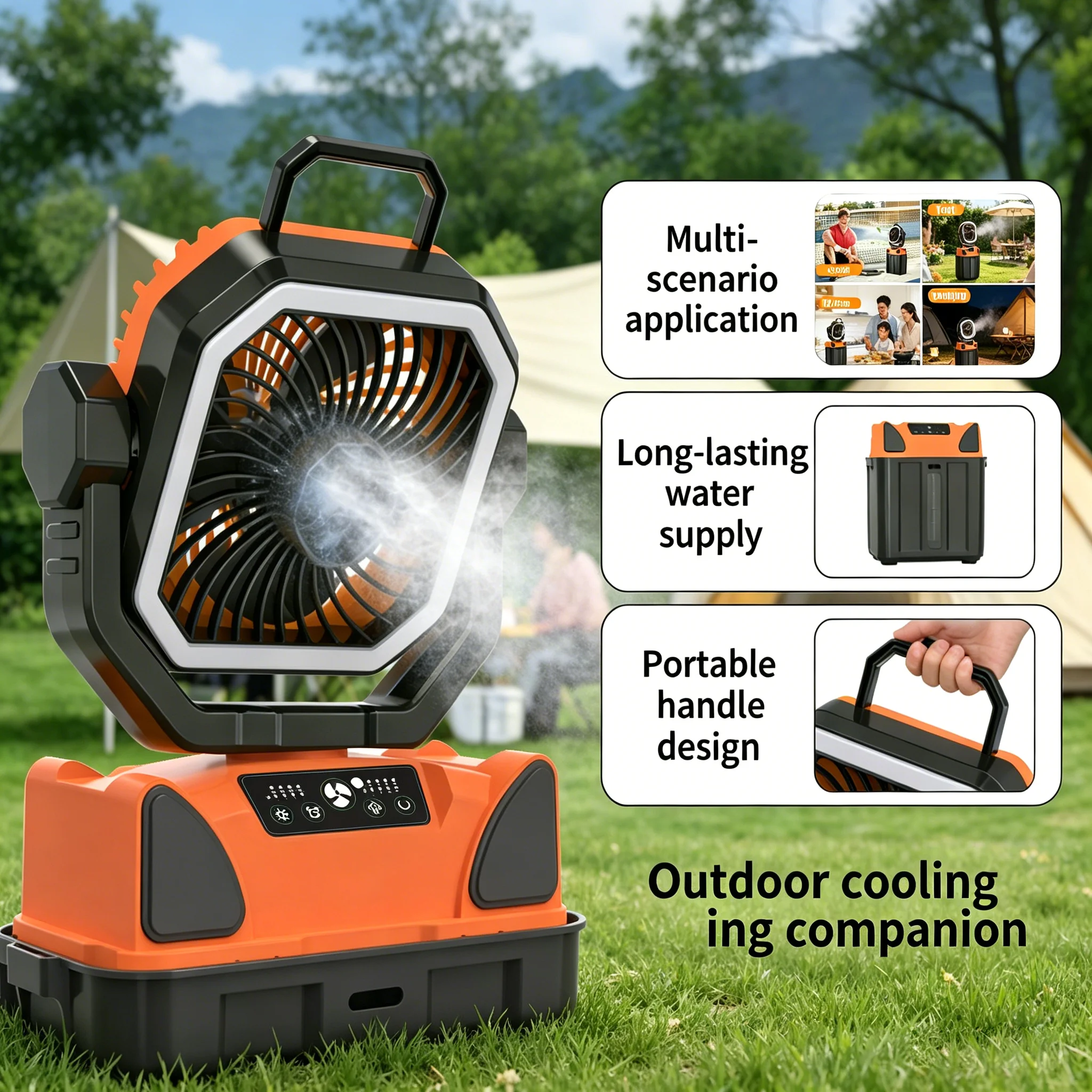 Ventilateur de camping portable 30000 mAh avec pulvérisation d'eau à 4 buses, autonomie complète de 6 heures – Ventilateur de camping électrique extérieur avec réservoir d'eau de 6 L 5