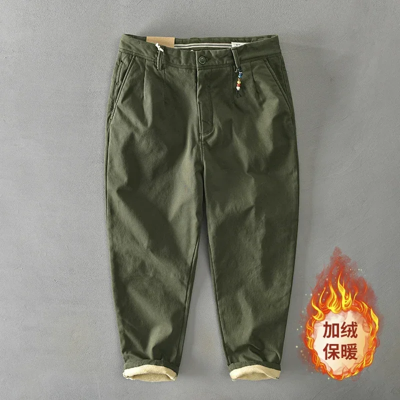 

2023 Winter Pants Men Flacee Cotton Solid Loose Casual Safari Style Pants Pocket Khaki Army Green Work Pant Cargo Pants Men