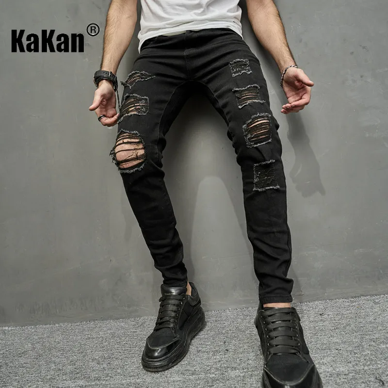 Kakan - European and American New Knee Hole Black Jeans for Men, High Street Fashion Slim Fit Elastic Denim Pants K9-1024