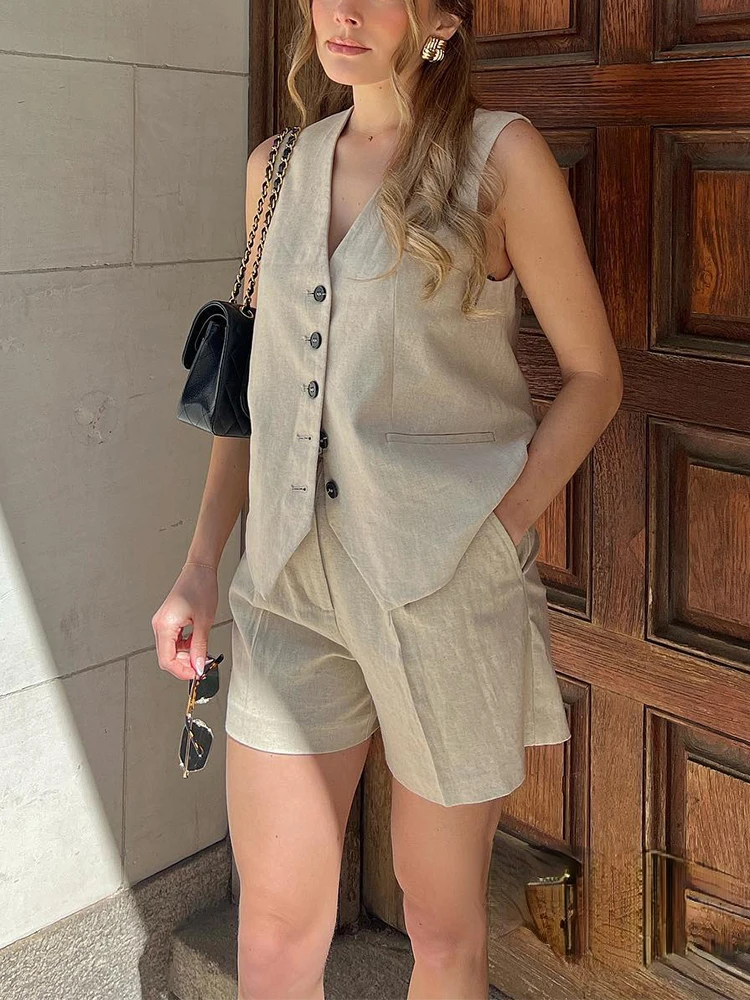 

Summer Casual Linen Women Suits 2 Pieces V Neck Buttons Vest Blazer+High Waist Wide Leg Shorts Fashion 2023 Summer Vintage Sets