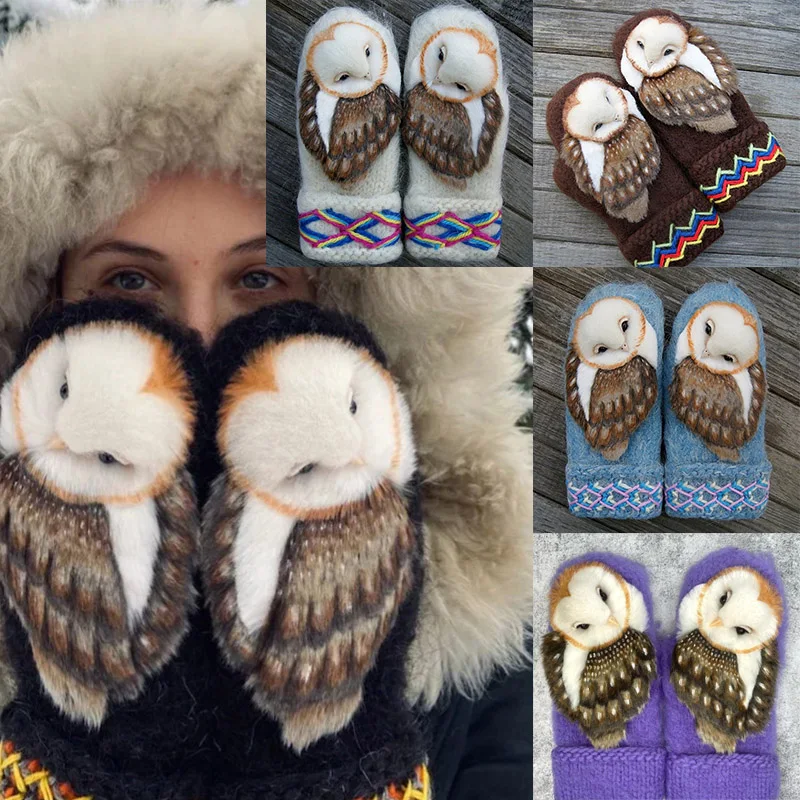 

New Hand Knitted Nordic Mittens with Owls Hand Woven Wool Nordic Owl Gloves for Women Warm Winter Knitted Mittens Fashion Gloves