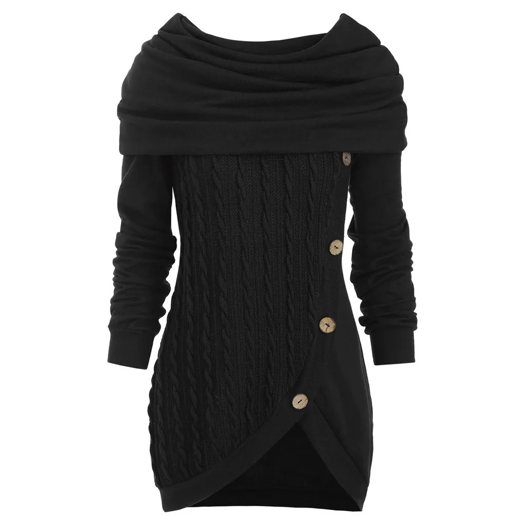 Suéter de mujer de talla grande para mujer, cuello redondo, manga larga, sólido, botones, retazos, tops asimétricos, suéter con capucha, suéter de punto