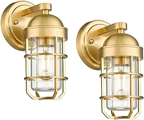 Outdoor  Sconces, 2 Pack Vintage Exterior Light Fixtures with Nautical Metal Cage and Tempered Glass, Oil Rubbed Bronze Finish, 